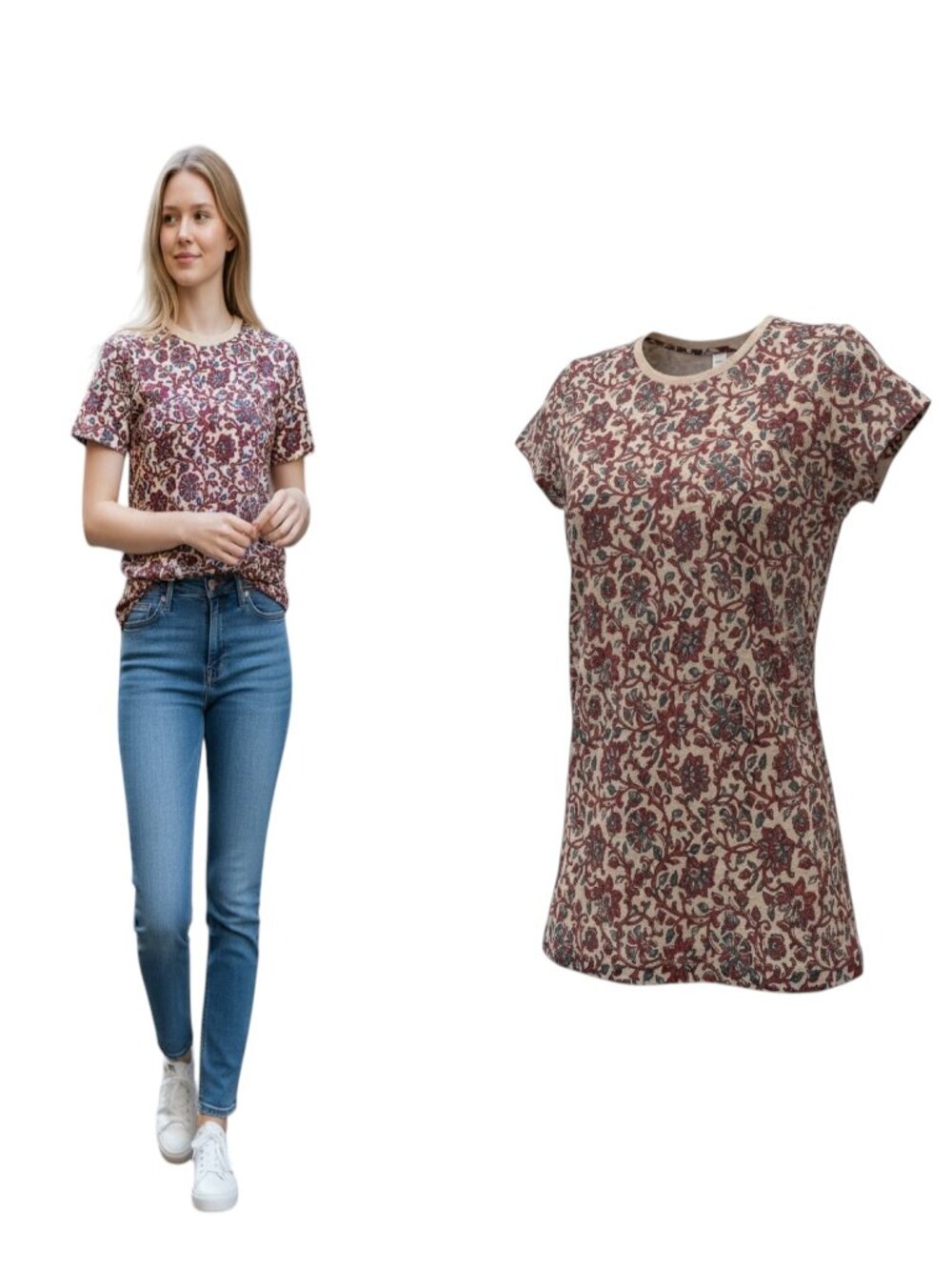 Goldie Floral Print Tee XS Pima Cotton Made Peru Soft Crewneck